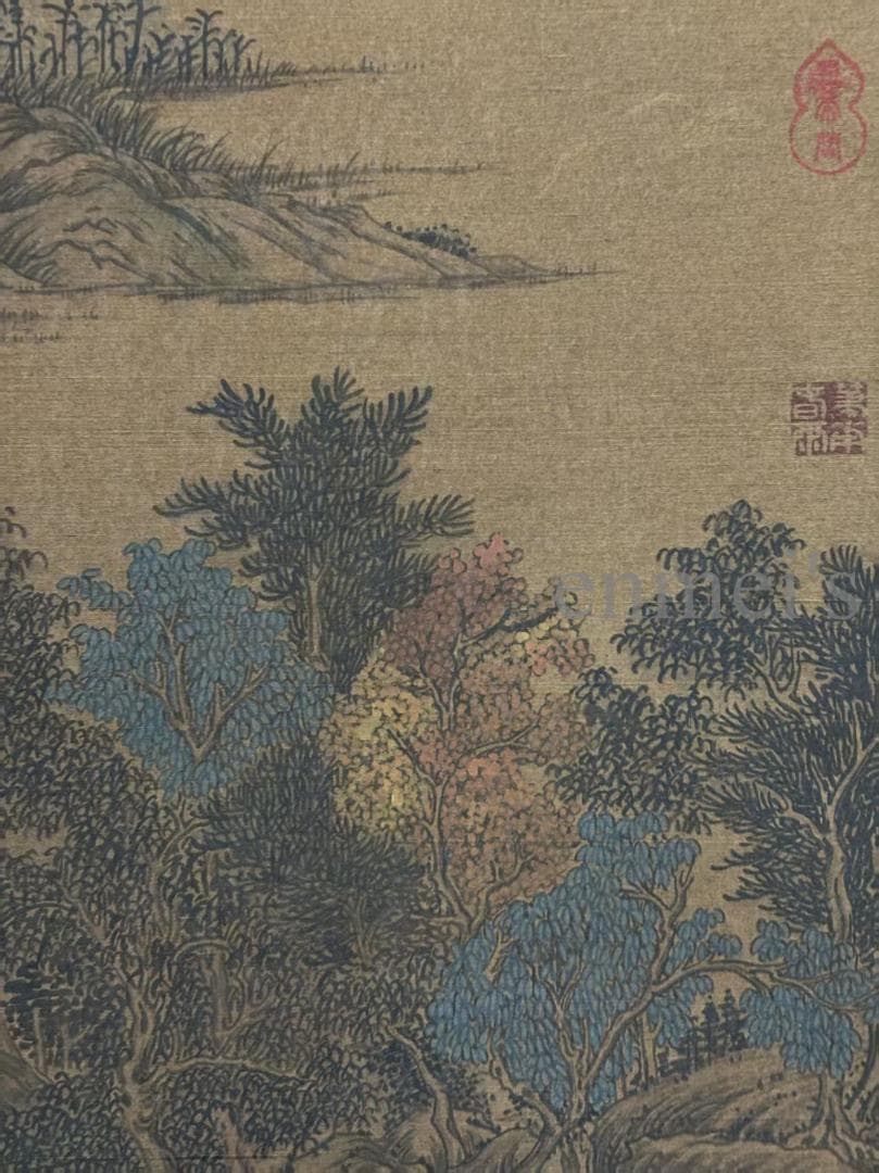 中国古美術 清時代の彩代 絹本手描き 黄公望 山水図 水墨画 三尺 牙軸 古玩