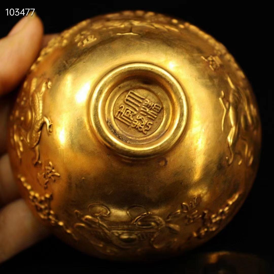 中国古美術・旧蔵收・純銅・純手作り・鎏金四神獣供碗一セット・ 茶道具・置物・食器