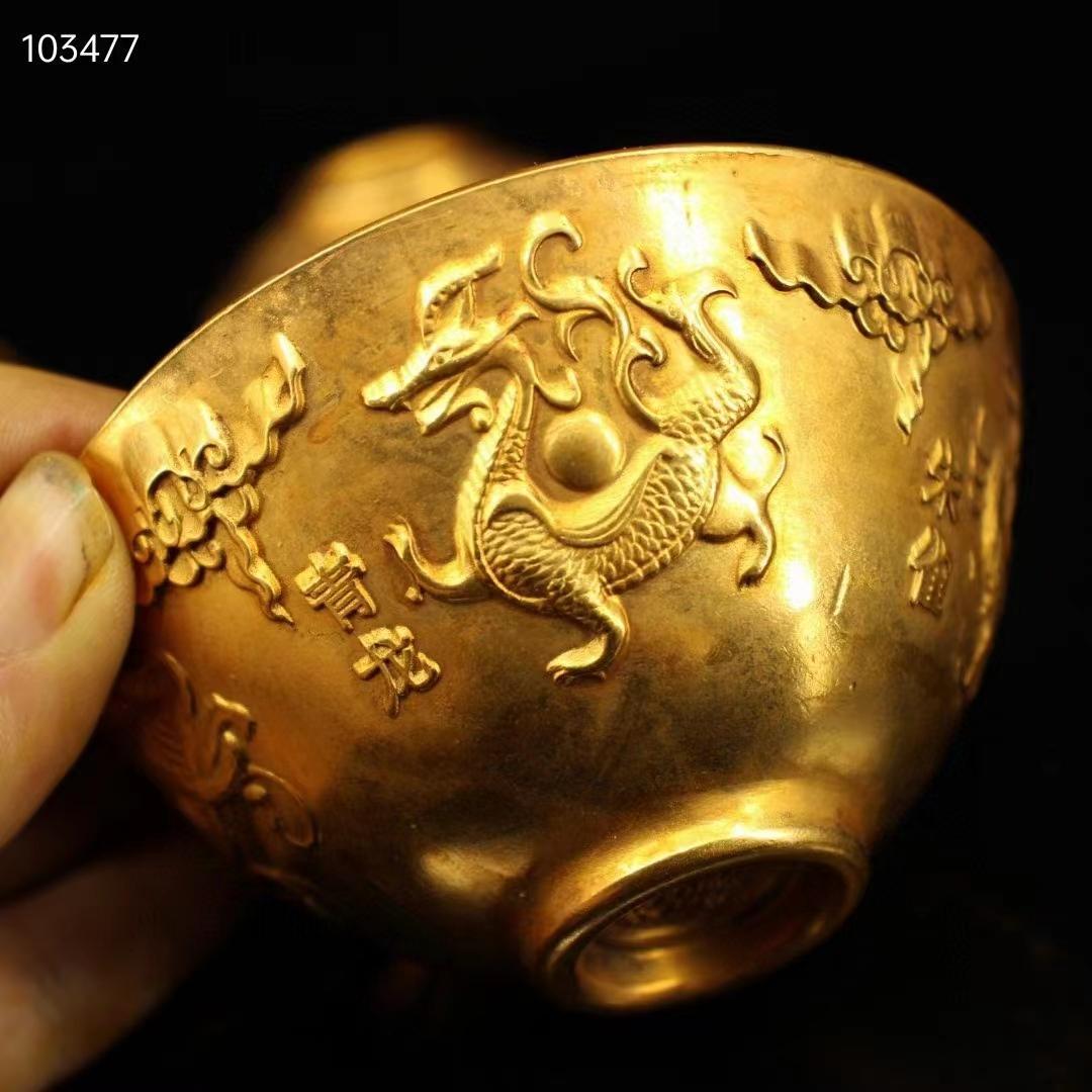 中国古美術・旧蔵收・純銅・純手作り・鎏金四神獣供碗一セット・ 茶道具・置物・食器