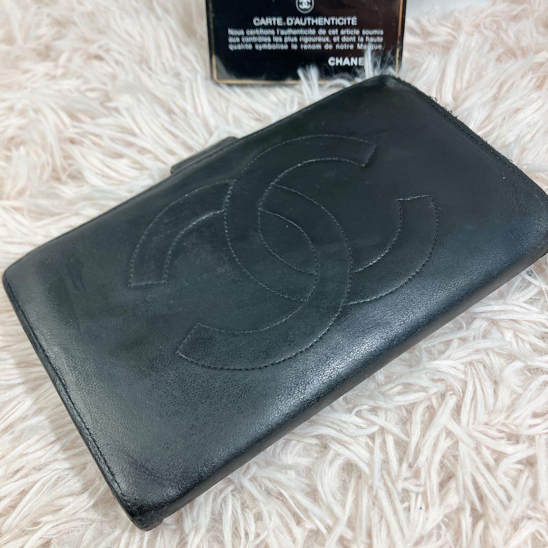 CHANEL ラムスキン ココマーク がま口 長財布 ギャランティカード 黒