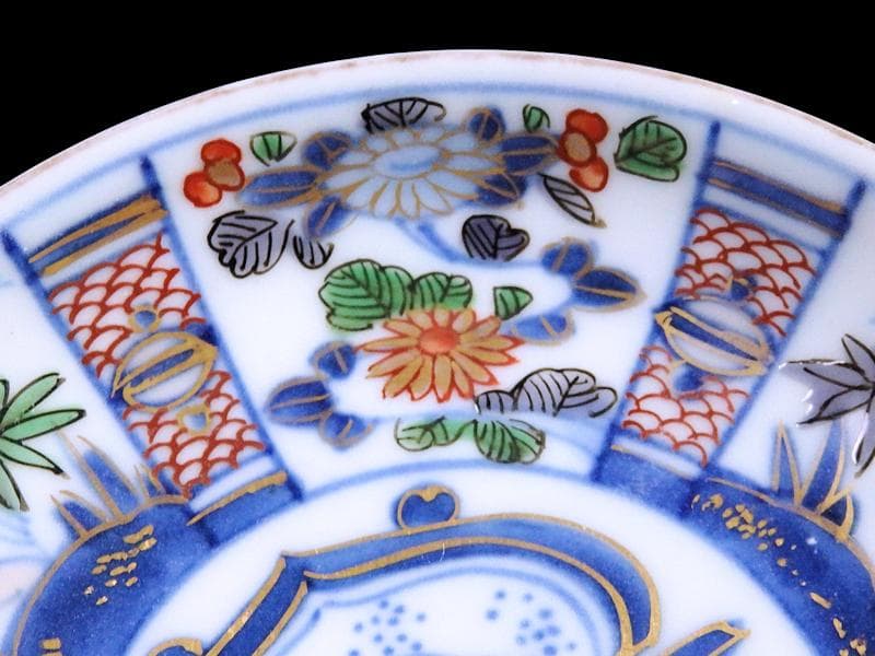 大聖寺伊万里　染錦　割絵　菊に笹の図　４寸皿　５枚　1592AS-DAc