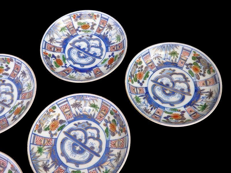 大聖寺伊万里　染錦　割絵　菊に笹の図　４寸皿　５枚　1592AS-DAc