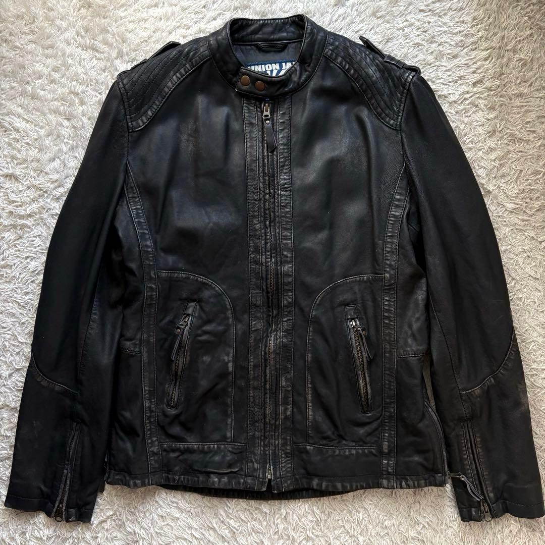 ★羊革 XLサイズ★ UNION JAP ライダースジャケット ダメージ加工 黒