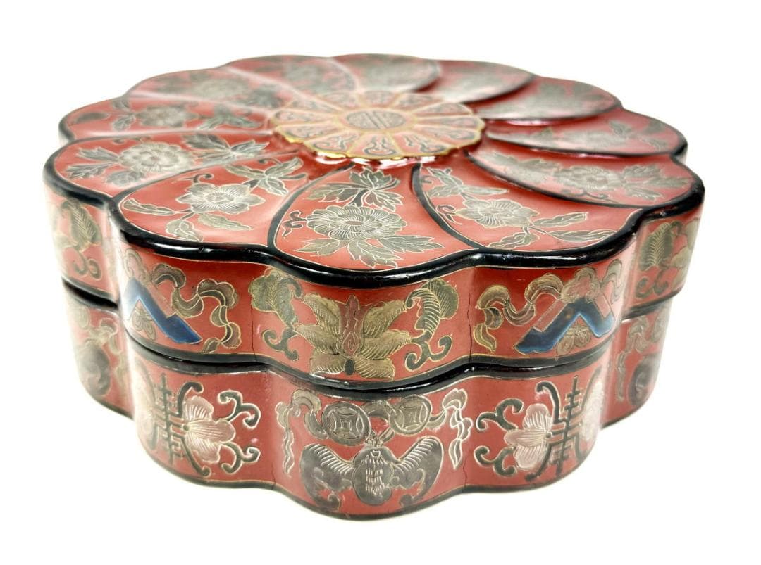 時代物 木製 唐花唐草福壽七宝塗菓子器 唐物喰籠 彩絵 沈金 描金WWWT034