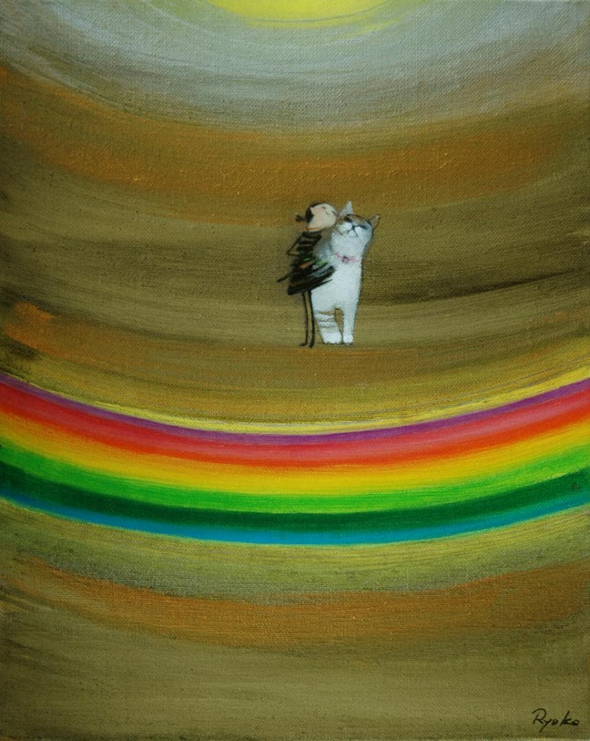 油絵 菅家令子絵 絵画インテリア額付(青緑＋金色の枠)F3-030919猫犬女子