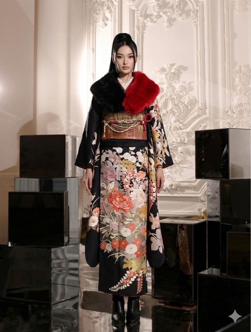 振袖 フルセット 綸子紗綾形 手描き友禅 黒地 花づくし