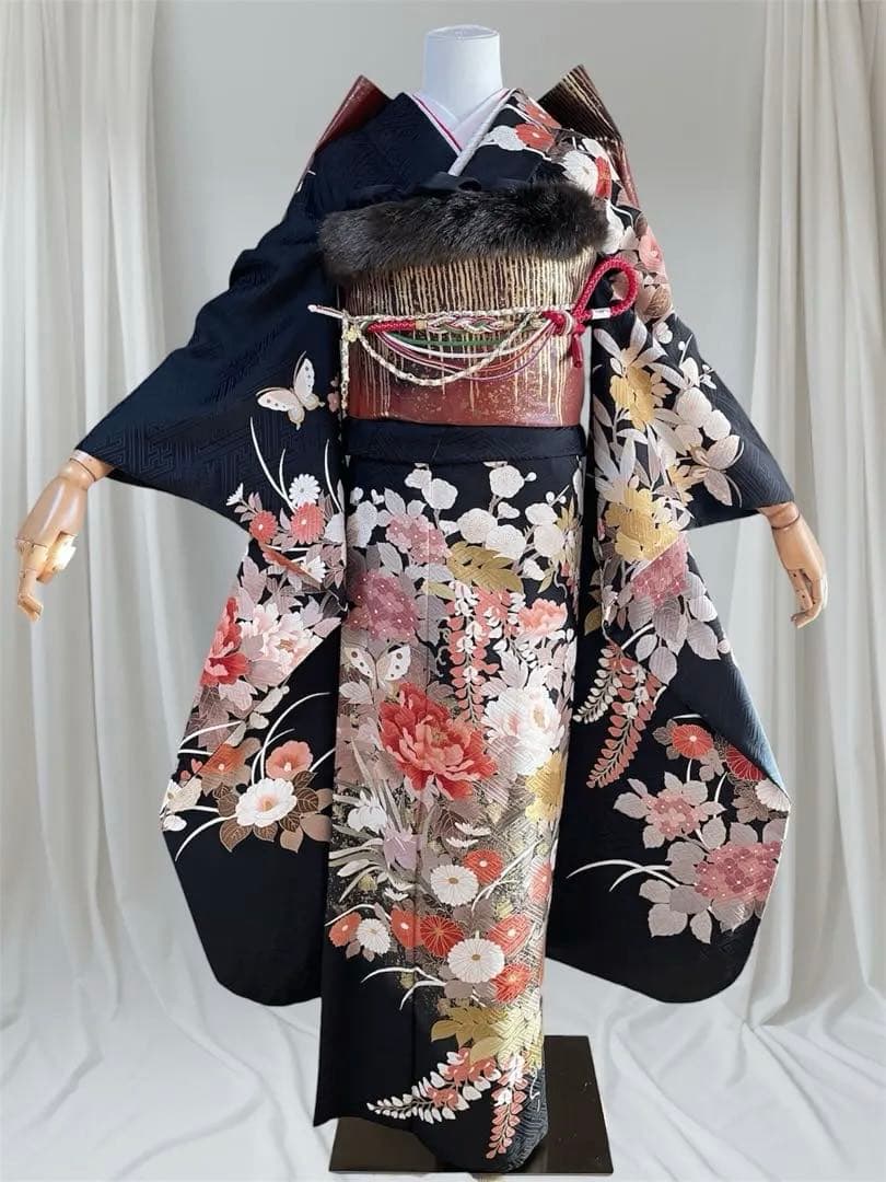 振袖 フルセット 綸子紗綾形 手描き友禅 黒地 花づくし