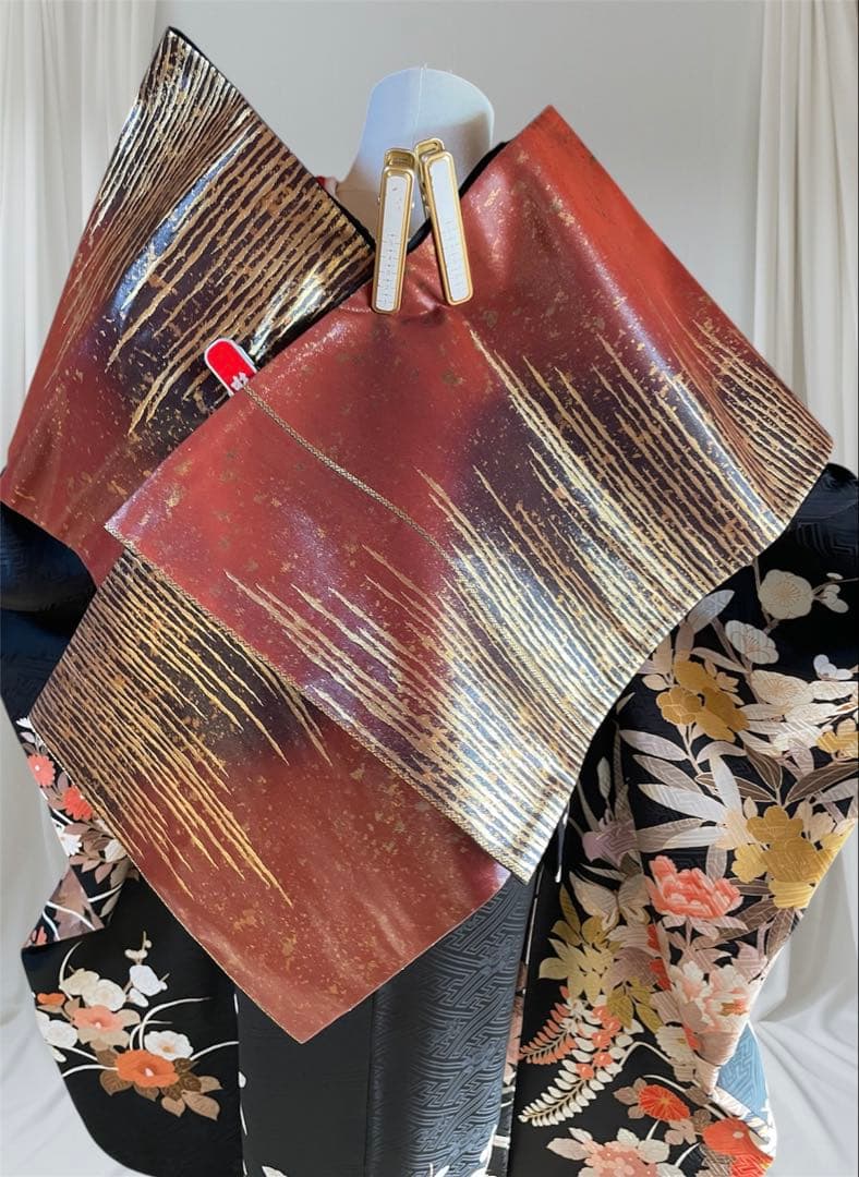 振袖 フルセット 綸子紗綾形 手描き友禅 黒地 花づくし