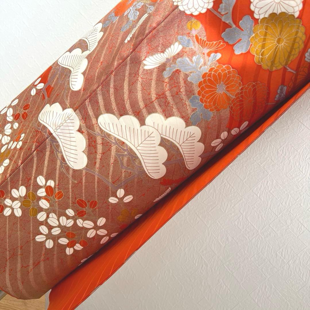 451 振袖フルセット 正絹 朱 オレンジ 金彩 駒刺繍 古典 松竹梅