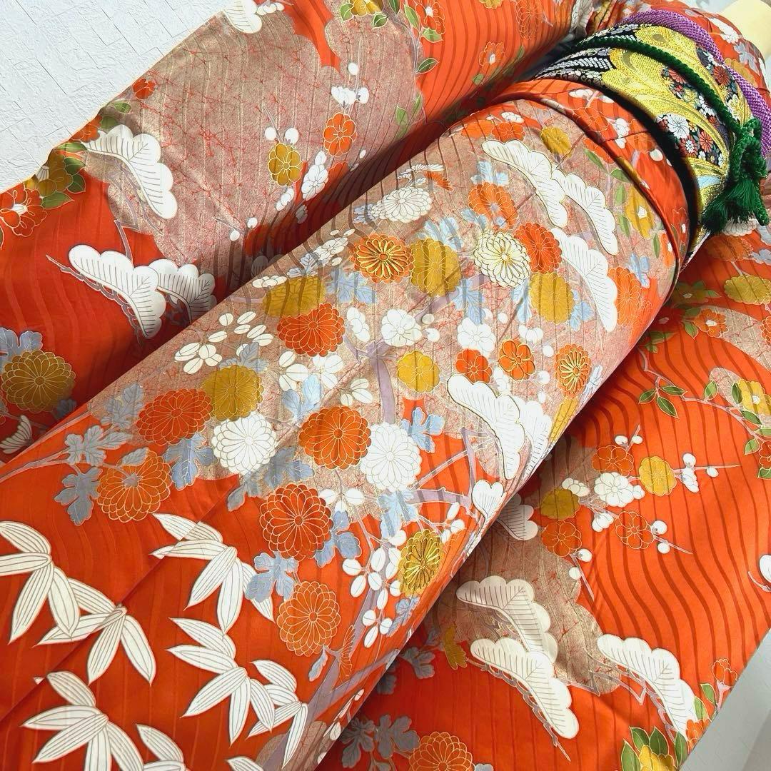 451 振袖フルセット 正絹 朱 オレンジ 金彩 駒刺繍 古典 松竹梅