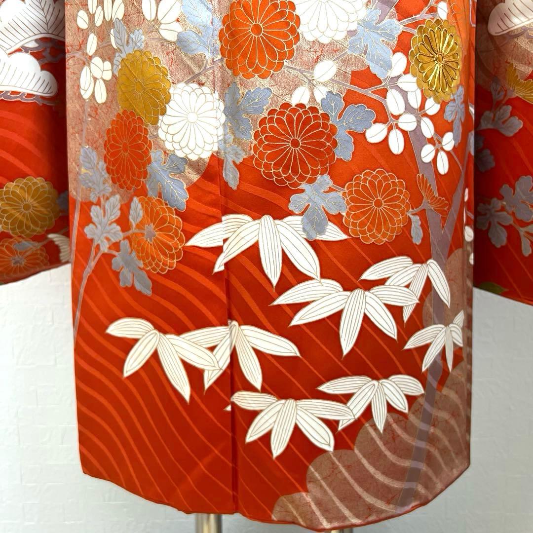 451 振袖フルセット 正絹 朱 オレンジ 金彩 駒刺繍 古典 松竹梅