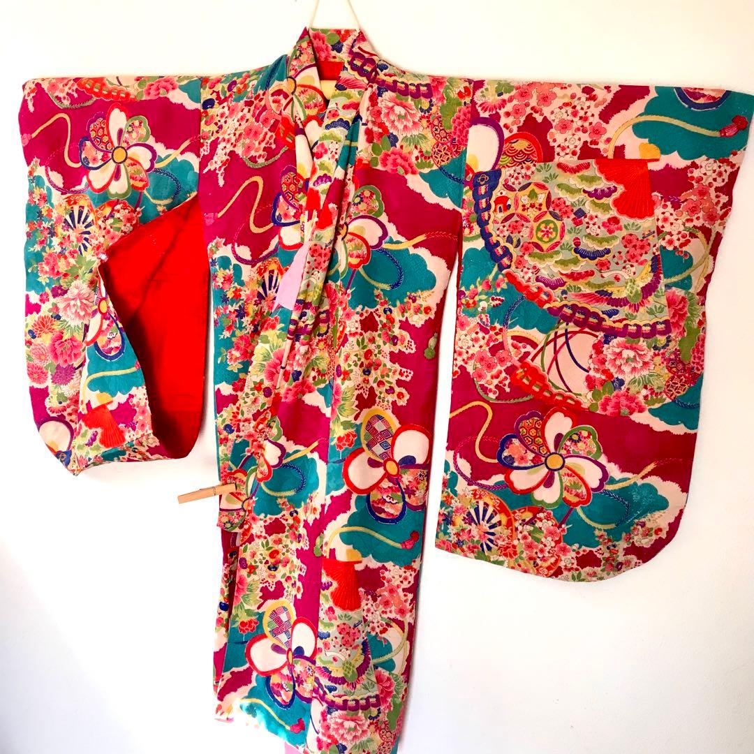 正絹 アンティーク着物 女の子 七五三 ◇檜扇 花車 古典柄