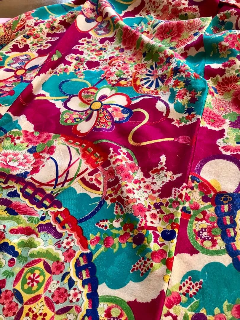 正絹 アンティーク着物 女の子 七五三 ◇檜扇 花車 古典柄