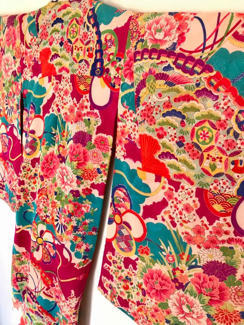 正絹 アンティーク着物 女の子 七五三 ◇檜扇 花車 古典柄