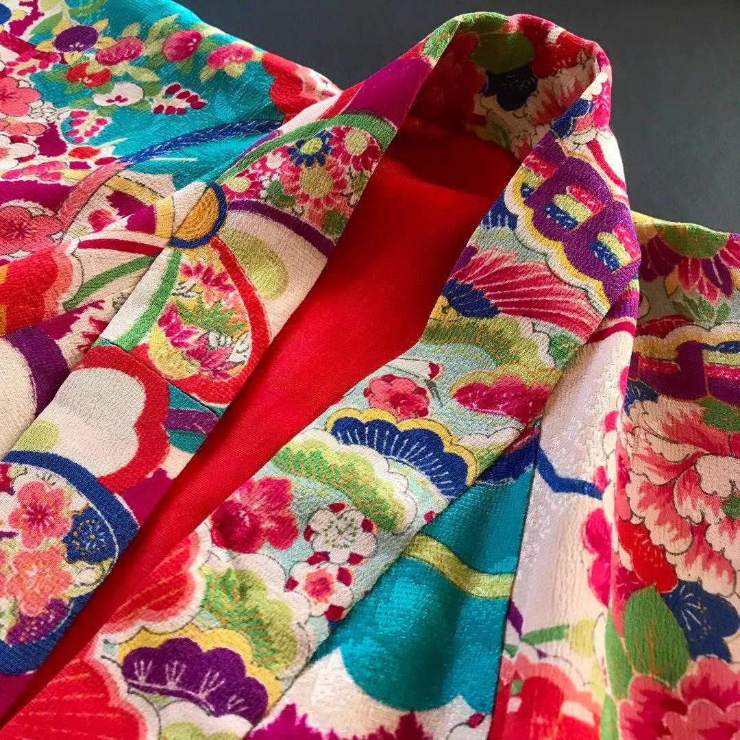 正絹 アンティーク着物 女の子 七五三 ◇檜扇 花車 古典柄