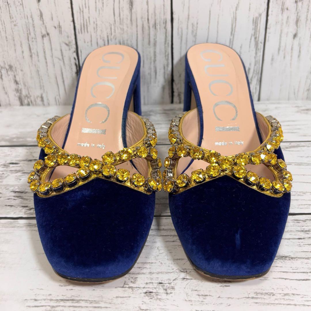 GUCCI ベロア サンダル ミュール リボン ビジュー チャンキーヒール.