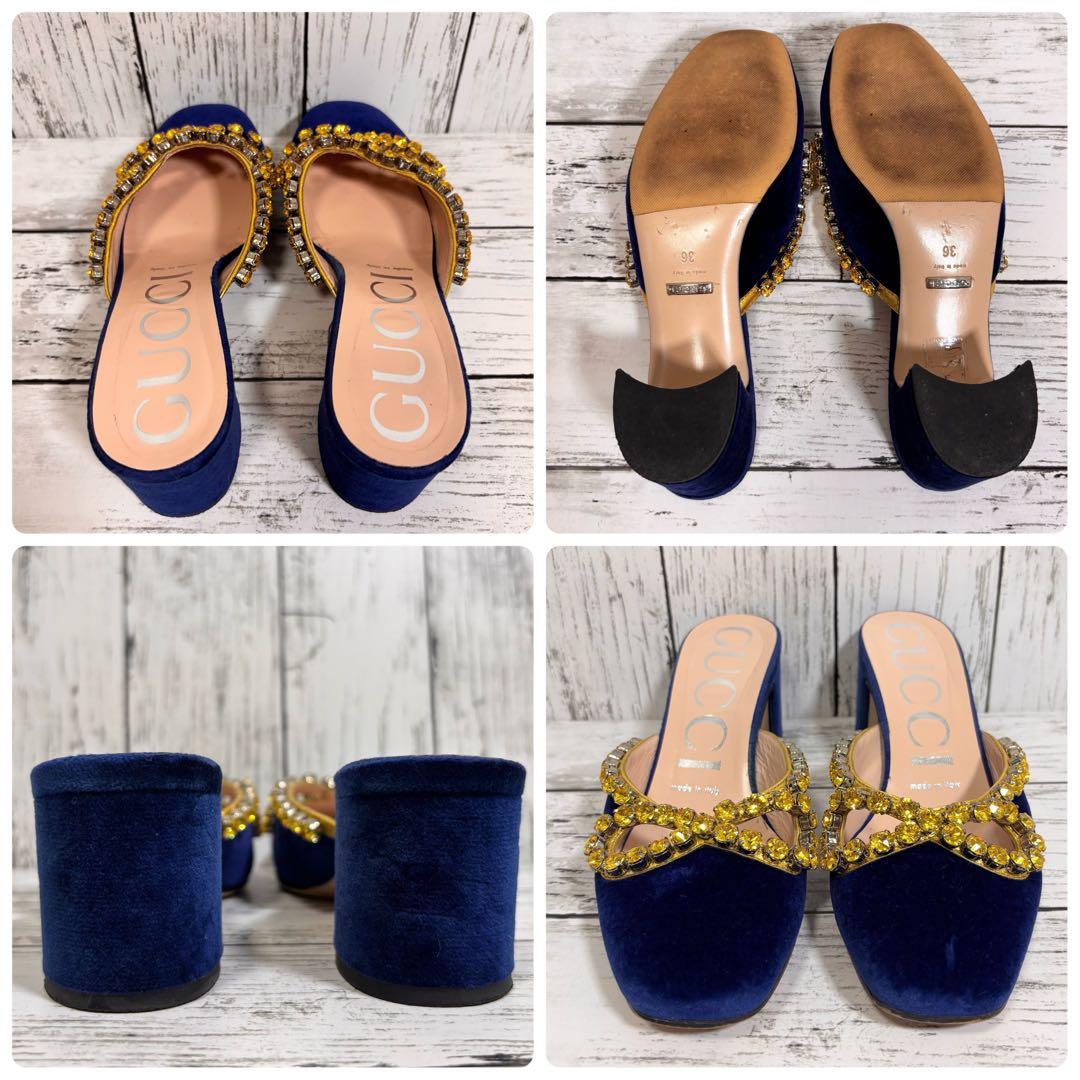 GUCCI ベロア サンダル ミュール リボン ビジュー チャンキーヒール.