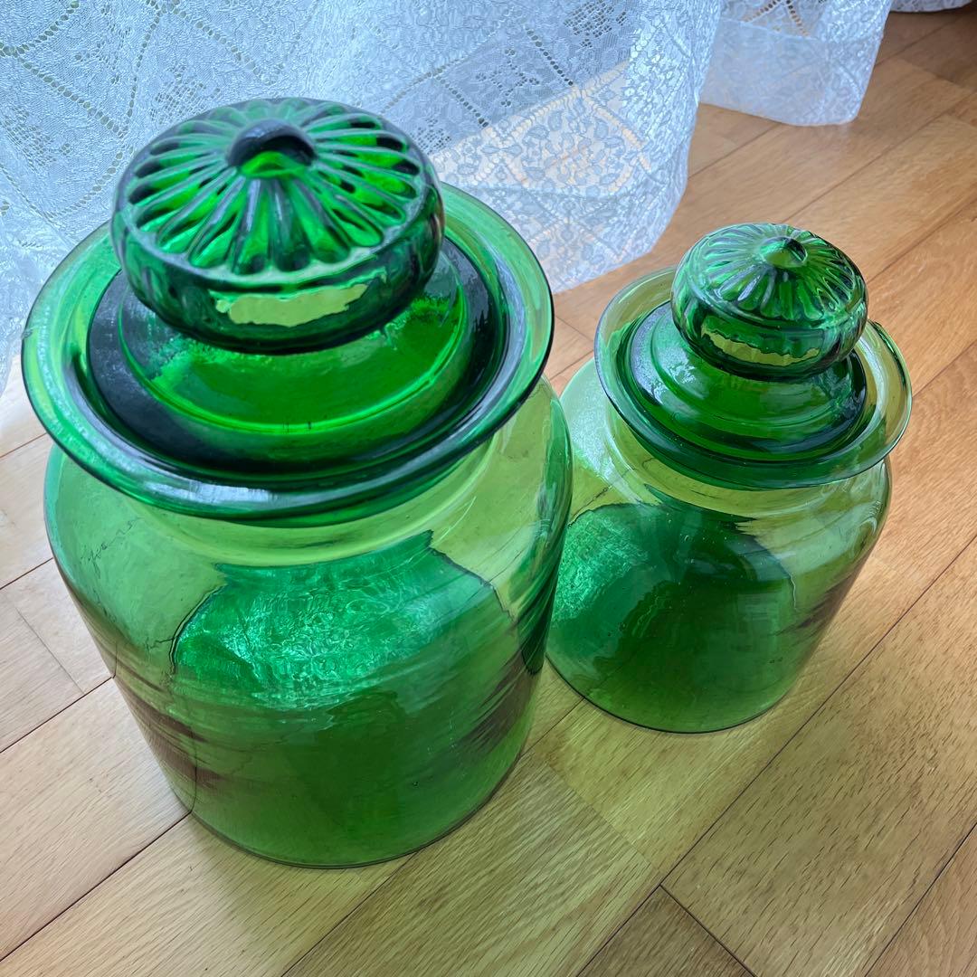 昭和レトロ ガラス瓶 ガラスポット 保存瓶 グリーン 2個セット