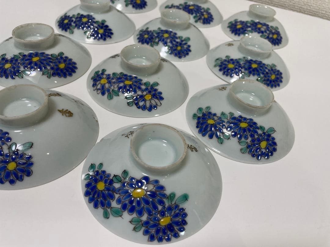 【現状品】白磁 茶碗 蓋付き椀 秋庭菊花香 花柄 レトロ アンティーク 11客