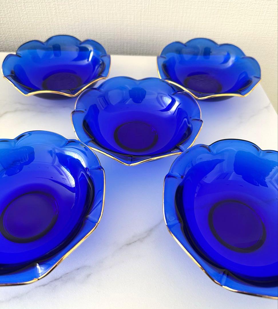 【未使用】河上恭一郎　瑠璃金縁　輪花皿　クリスタル ガラス　5枚　青　銀座和光