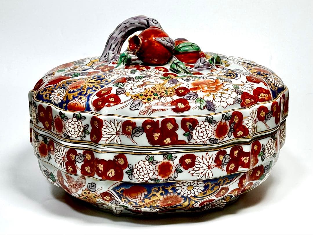 華榮堂 清朝末期 稀少品 広彩色絵 石榴摘蓋付大鉢 伊万里写 中国磁器