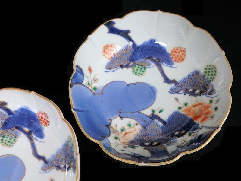 古伊万里　染付　三蓋松に牡丹の図　大膾皿　２客　江戸期　B231AS-CAj