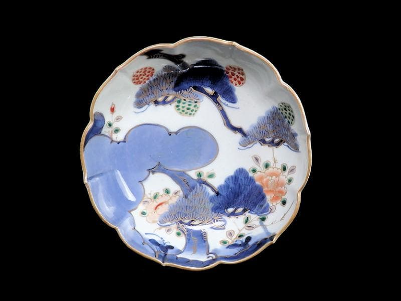 古伊万里　染付　三蓋松に牡丹の図　大膾皿　２客　江戸期　B231AS-CAj