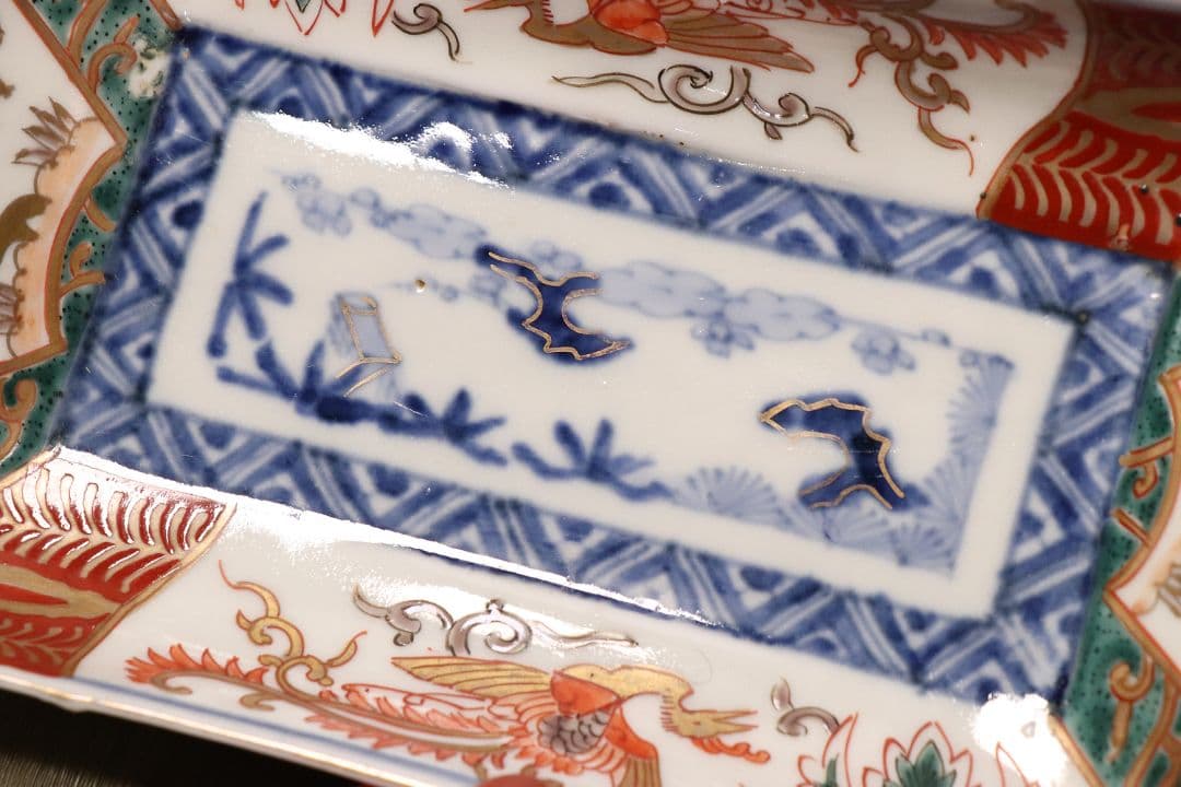 【CM51】古伊万里 色絵 長方刺身皿 角皿 五客 桐鳳凰 松竹梅 扇面 花唐草