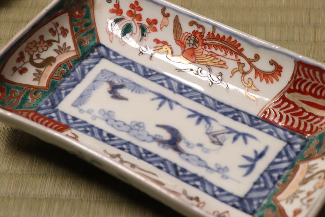 【CM51】古伊万里 色絵 長方刺身皿 角皿 五客 桐鳳凰 松竹梅 扇面 花唐草