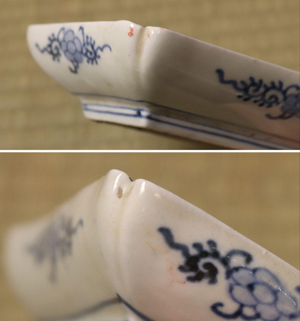 【CM51】古伊万里 色絵 長方刺身皿 角皿 五客 桐鳳凰 松竹梅 扇面 花唐草