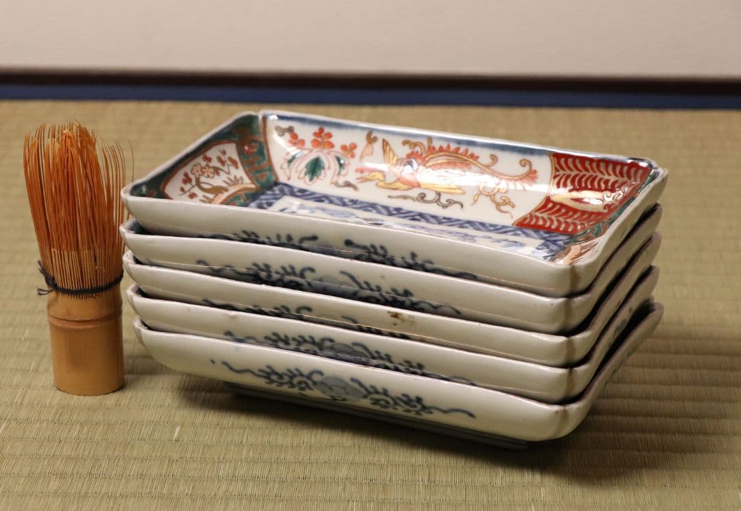 【CM51】古伊万里 色絵 長方刺身皿 角皿 五客 桐鳳凰 松竹梅 扇面 花唐草