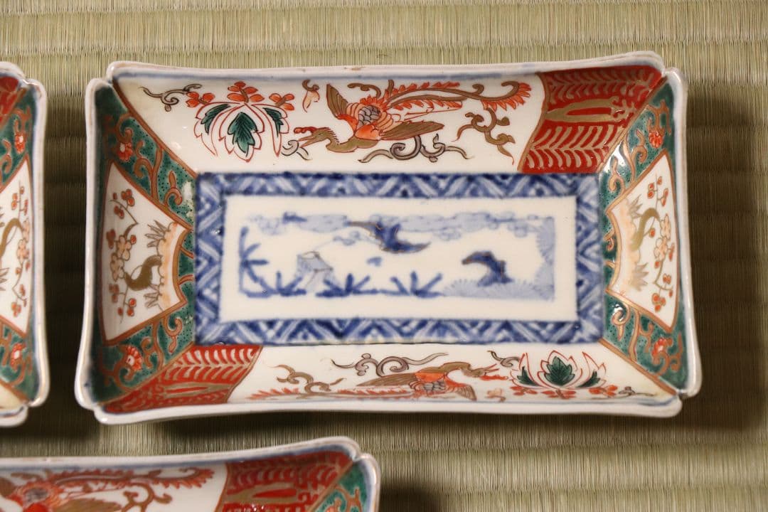 【CM51】古伊万里 色絵 長方刺身皿 角皿 五客 桐鳳凰 松竹梅 扇面 花唐草