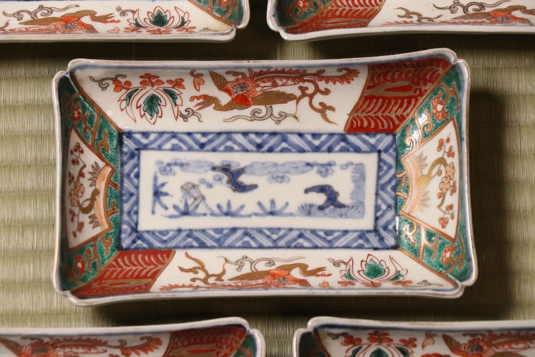 【CM51】古伊万里 色絵 長方刺身皿 角皿 五客 桐鳳凰 松竹梅 扇面 花唐草