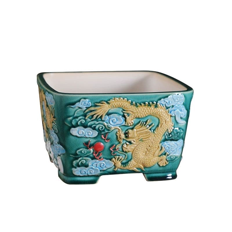 レリーフ竜丸角四方鉢 多肉菖蒲盆栽 植木鉢 小品盆栽鉢 大品盆栽鉢