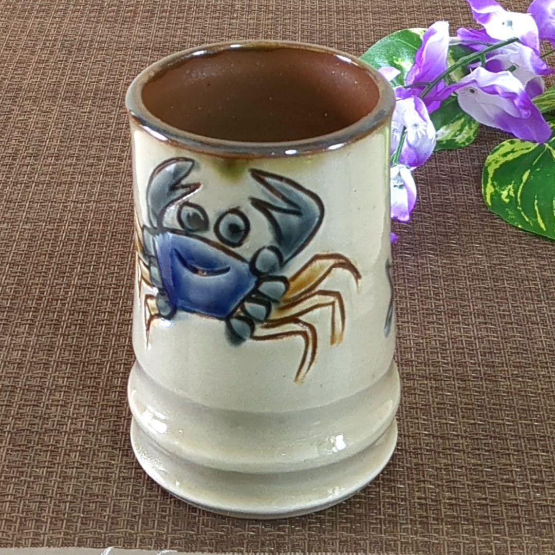 沖縄やちむん　壺屋焼　宮陶房　宮城須美子　レア✨️　蟹 海老 魚紋　ビアジョッキ