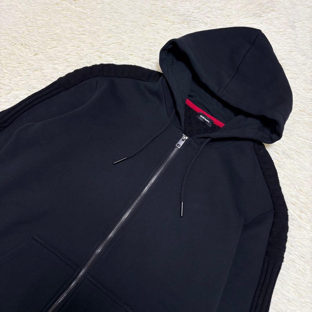 DIESEL ディーゼル ニット切り替えジャケット パーカー 黒 ロゴ 2XL