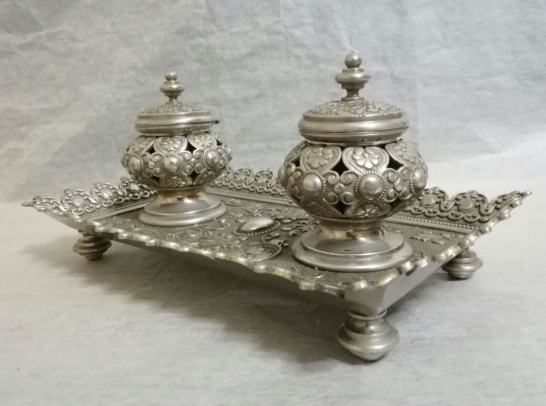 逸品　ナポレオン三世　フランス　真鍮製　ダブルインクポット　トレー　アンティーク