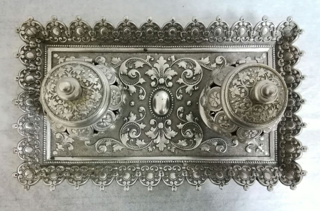 逸品　ナポレオン三世　フランス　真鍮製　ダブルインクポット　トレー　アンティーク