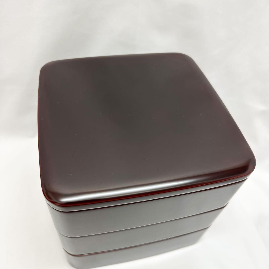 希少 未使用 輪島塗 角型 三段重 無地 W20×H19cm 溜蝋色 共箱付