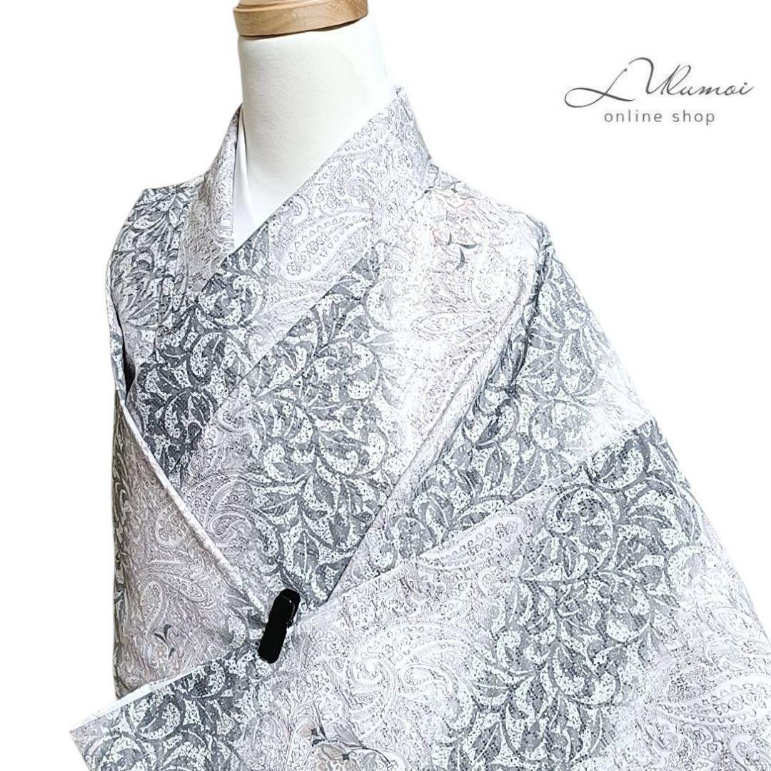 LULU64 着物 小紋 袷 洗える着物 ペイズリー 花 叩き染め調 白 紫