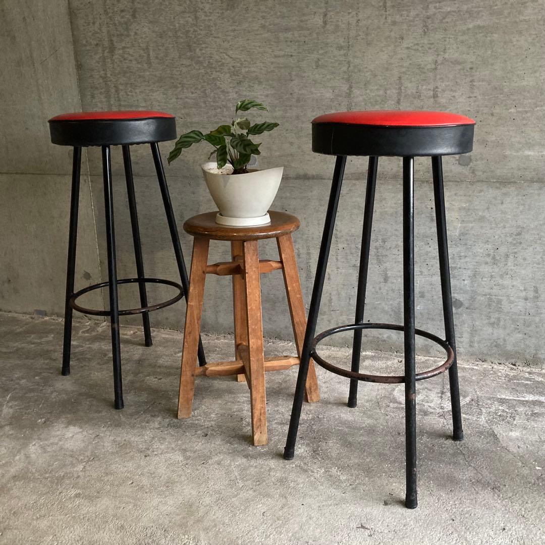 ハイスツール 丸椅子 チェア 鉄脚 アイアン 食堂 赤黒 2脚 ポップ レトロ
