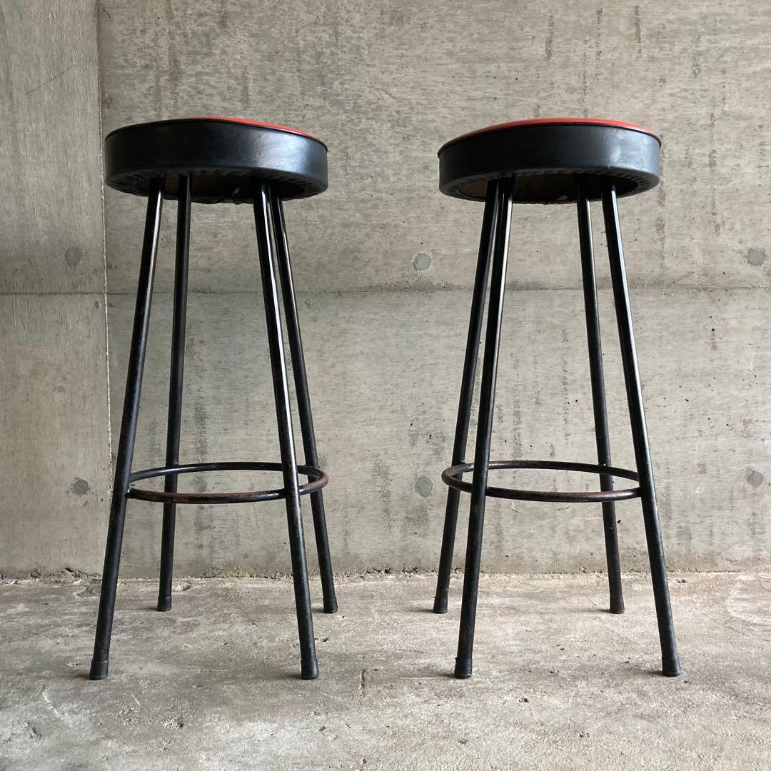 ハイスツール 丸椅子 チェア 鉄脚 アイアン 食堂 赤黒 2脚 ポップ レトロ