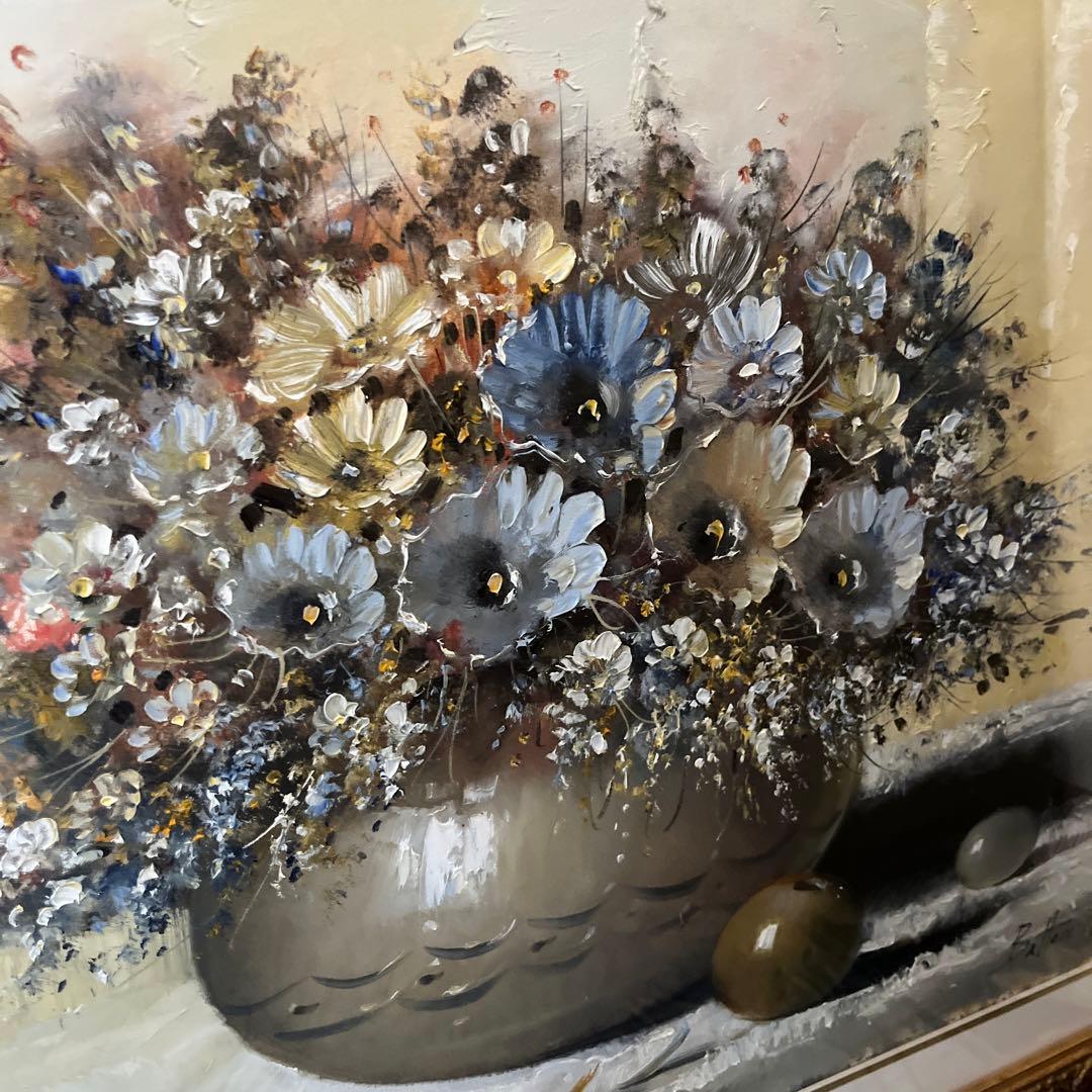 【更に値下げしました】花瓶の花 油彩画 大きめ 金色フレーム