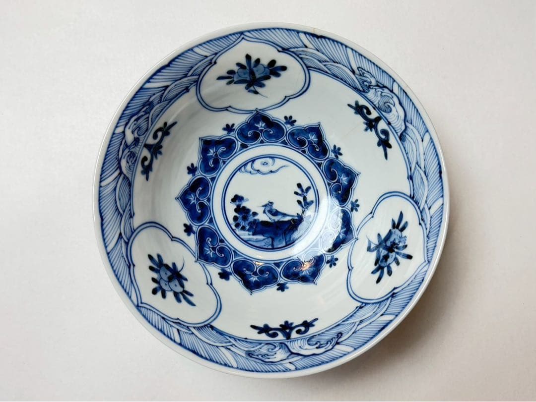 九谷　山本長左作　青華花鳥瑞果文　鉢