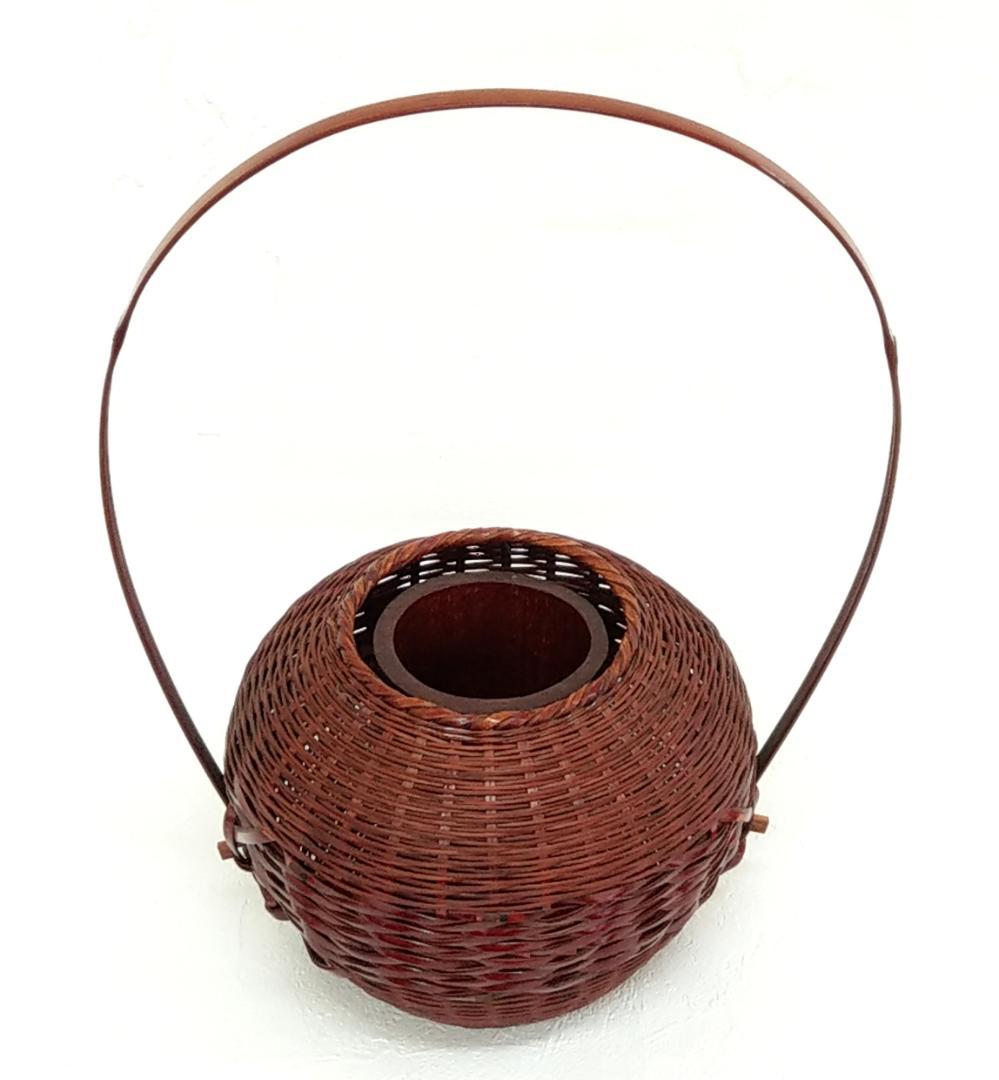 岡田節哉作 手付 籠花入 花器 茶道具 日展入選 日本工芸会推薦 昭和の竹工芸家