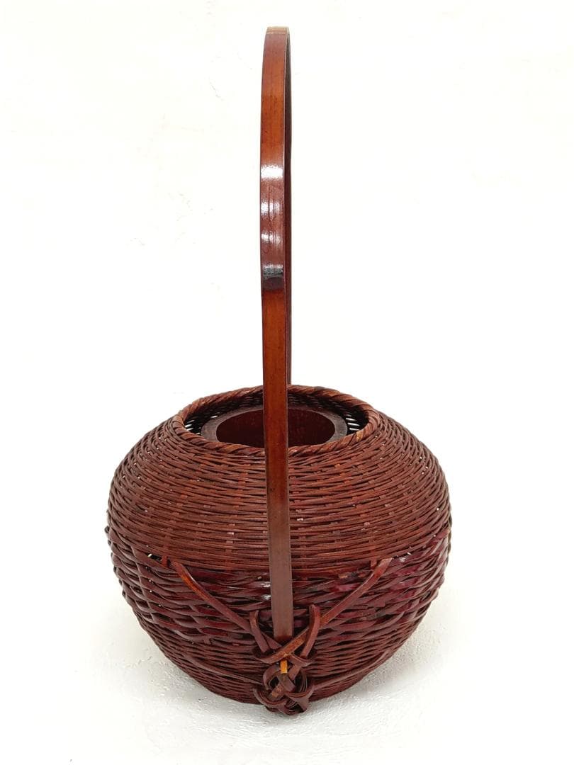 岡田節哉作 手付 籠花入 花器 茶道具 日展入選 日本工芸会推薦 昭和の竹工芸家