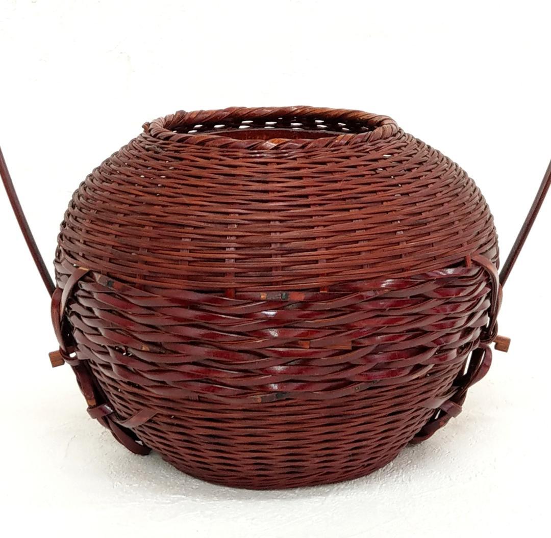 岡田節哉作 手付 籠花入 花器 茶道具 日展入選 日本工芸会推薦 昭和の竹工芸家