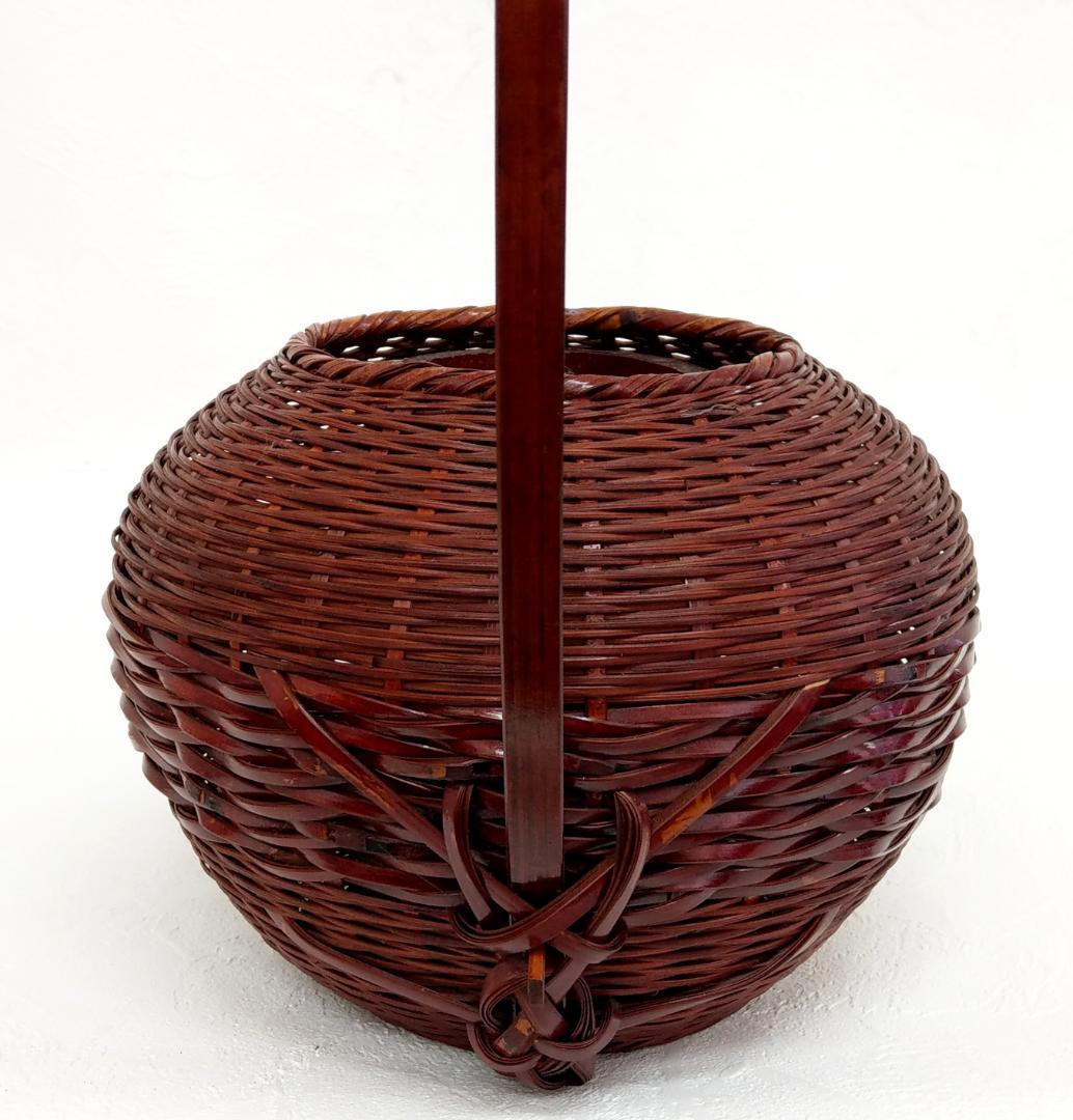 岡田節哉作 手付 籠花入 花器 茶道具 日展入選 日本工芸会推薦 昭和の竹工芸家