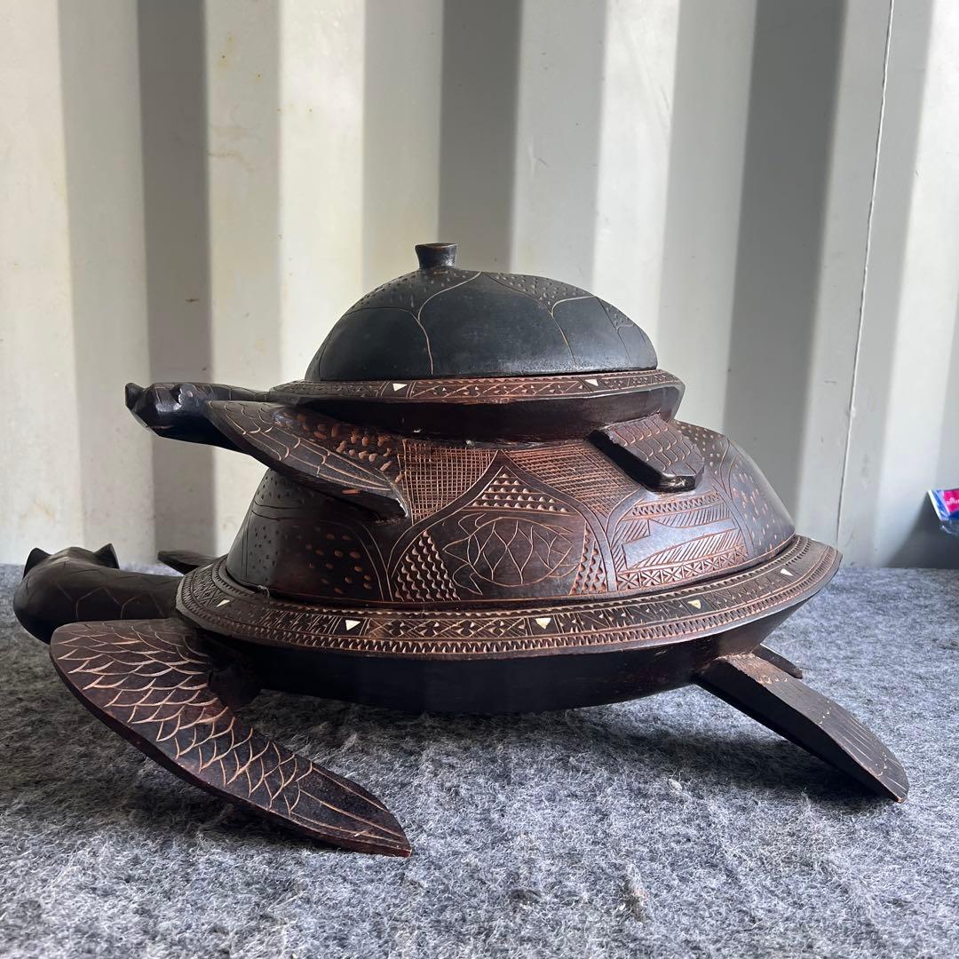 IG68 希少品✨ 亀 木製 小物入れ 縁起物 インテリア 2段 甲羅 レア