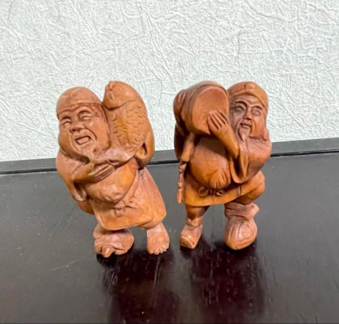恵比寿様大黒様　根付　七福神　木彫